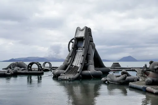 Inflatables floating on Taal Lake are covered with volcanic ash in a resort near the erupting Taal Volcano in Talisay, Batangas, Philippines, January 14, 2020. REUTERS/Eloisa Lopez