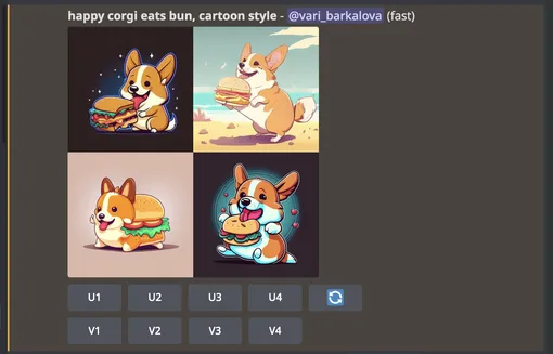 Как Midjourney видит мультяшную корги с булочкой