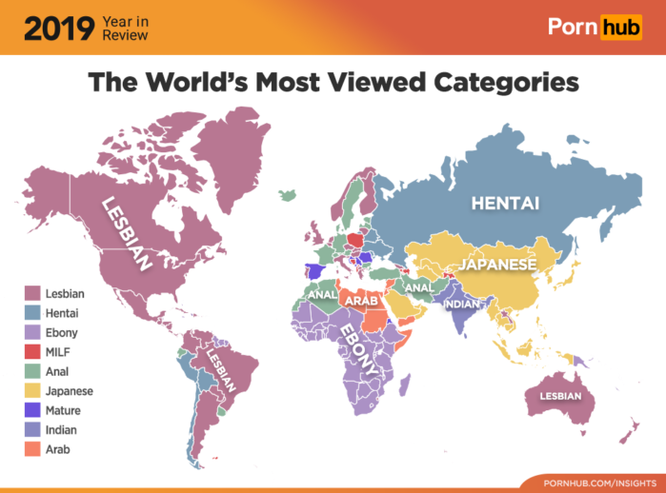 ​Наиболее популярные запросы на Pornhub по странам за 2019 год
