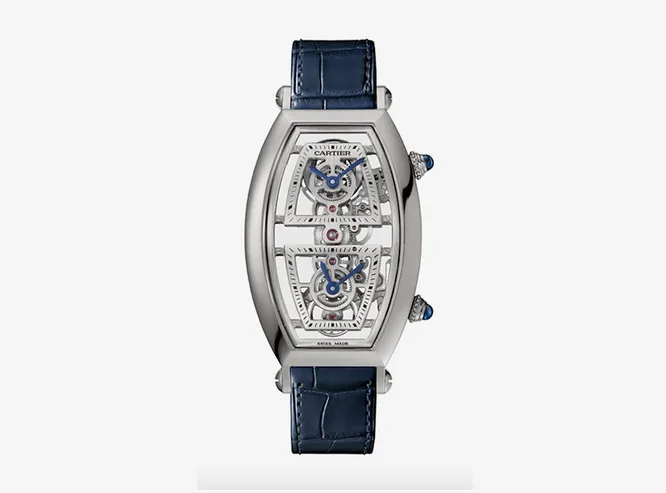 Часы Cartier Tonneau, циферблат из платины, ремешок из кожи аллигатора, два часовых пояса