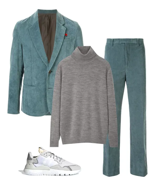 Пиджак, Undercover, 73 344 руб.; брюки, Undercover, 45 067 руб.; водолазка, Uniqlo, 2999 руб.; кроссовки, adidas, 9999 руб. Пиджак Undercover, 73344 рублей; Брюки Undercover, 45067 рублей ; Водолазка Uniqlo, 2999 рублей; Кроссовки adidas, 9999 рублей