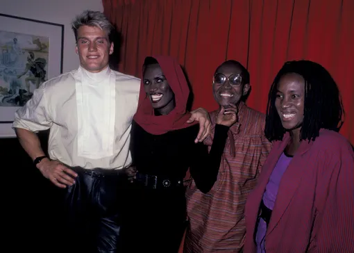 Dolph Lundgren, Grace Jones and family during Grace Jones Sighting at Les Tuilieries Restaurant in New York City — October 8, 1985 at Les Tuilieries Restaurant in New York City, New York, United States. (Photo by )