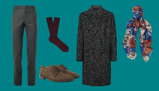 Брюки Prada, ботинки Tricker's, пальто Theory, носки Falke, платок Gucci