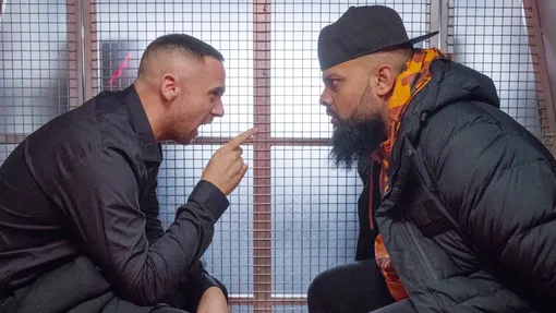 Guz Khan (right) as Mobeen, arguing with racist leader Robbie Worthington (Jason Maza) in ’Man Like Mobeen’