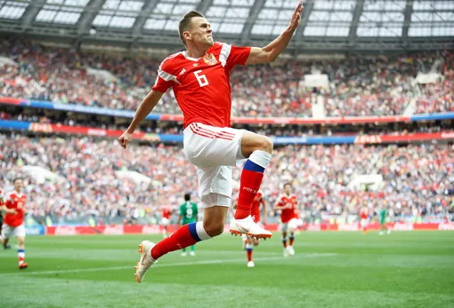 Денис Черышев, забивший два гола в первом матче чемпионата мира Россия — Саудовская Аравия. Игра закончилась с триумфальным счетом 5:0.