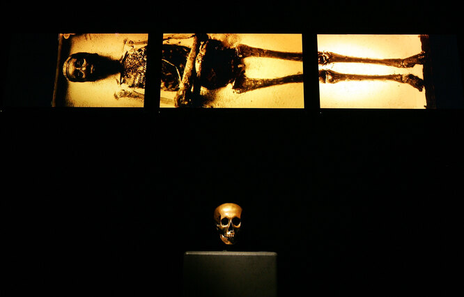 Снимок Тутанхамона над копией его черепа на выставке «Тутанхамон и золотой век фараонов» в Художественном музее Лос-Анджелеса (LACMA), 15 июня 2005 года.