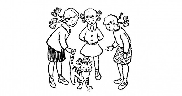 На рисунке три подружки: Ира, Таня и Галя. С ними кот Мурзик. Только вот кому из девочек он принадлежит? Кто хозяйка Мурзика?