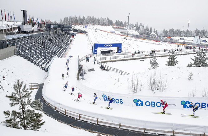 The stands remain empty, due to preventive measures linked to the novel coronavirus COVID-19, as competitors take the start of the Women's 30km classical cross-country cross-country skiing race at the FIS World Cup Nordic on March 7, 2020 in Holmenkollen. (Photo by Vidar Ruud / NTB Scanpix / AFP) / Norway OUT