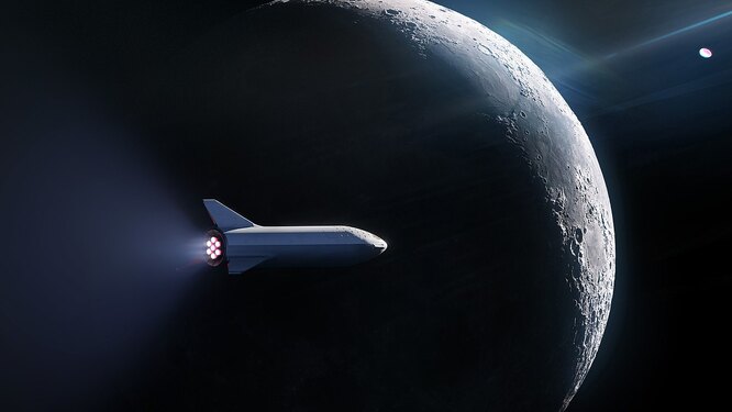 Starship с японским миллиардером на борту облетает Луну в представлении художника Starship с японским миллиардером на борту облетает Луну в представлении художника
