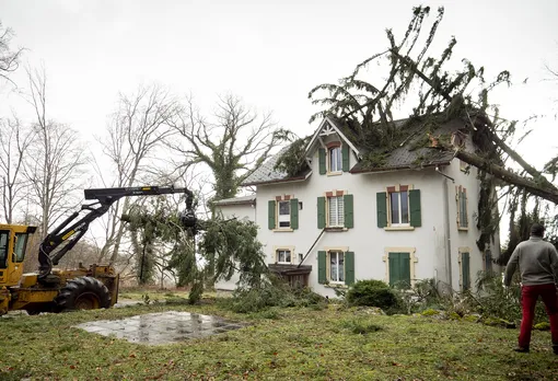 A view of a house damaged by fallen trees after a storm, in Montmollin, Val-de-Ruz, Switzerland, 10 February 2020. Severe warnings have been issued for Western and Northern Europe as storm Ciara — also known as Sabine in Germany and Switzerland, and Elsa in Norway — is bringing strong winds and heavy rains causing disruption of land and air traffic. Winter storm Ciara reached Switzerland last night. EPA-EFE/LAURENT DARBELLAY