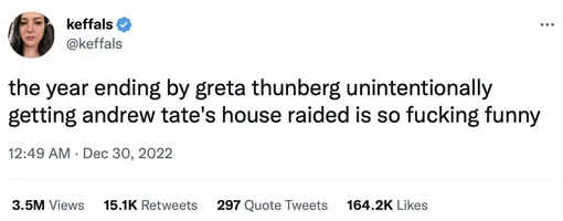 «Конец года стал особенно смешным после того, как Грета Тунберг непреднамеренно "обыскала" дом Эндрю Тейта»