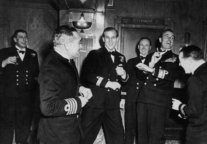 Prince Philip, Duke of Edinburgh with friends at his bachelor party, November 1947.