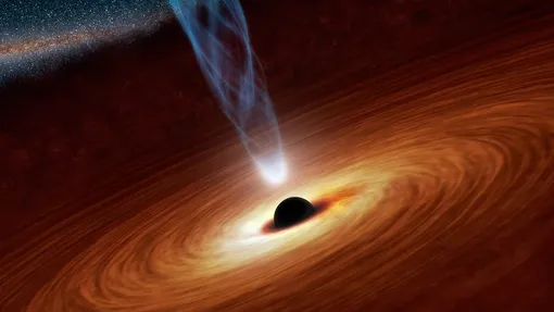 Модель черной дыры со светящимся кольцом вращающихся поглащаемых частиц вокруг и бьющими вверх и вниз потоками плазмы