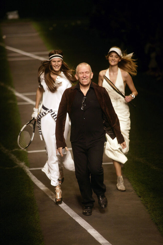 Jean-Paul Gaultier (C) and models walk the runway at the end of the Hermes Pret a Porter show as part of the Paris Womenswear Fashion Week Spring/Summer 2010 at Halle Freyssinet on October 7, 2009 in Paris, France. (Photo by )