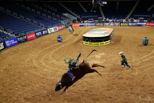 PBR Unleash The Beast — Gwinnett InvitationalDULUTH, GEORGIA — MARCH 15: Dener Barbosa of Brazil rides Bullseye during round 3 on the second day of competition to win the PBR Unleash The Beast Gwinnett Invitational at Infinite Energy Center on March 15, 2020 in Duluth, Georgia.The competition is being held behind closed doors to the general public due to the worldwide spread of COVID-19. (Photo by Kevin C. Cox/Getty Images)