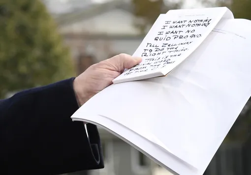 Washington, United States. 20th Nov, 2019. President Donald Trump Holds Handwritten Notes As He Makes Remarks To The Press About The Impeachment Inquiry As He Departs The White House, Wednesday, November20, 2019, In Washington, DC, For A Day Trip To Austin, Texas To Visit A Technology Center. The Notes Read: «I WANT NOTHING I WANT NOTHING I WANT NO QUID PRO QUO.» Photo By Mike Theiler/UPI Credit: UPI/Alamy Live News