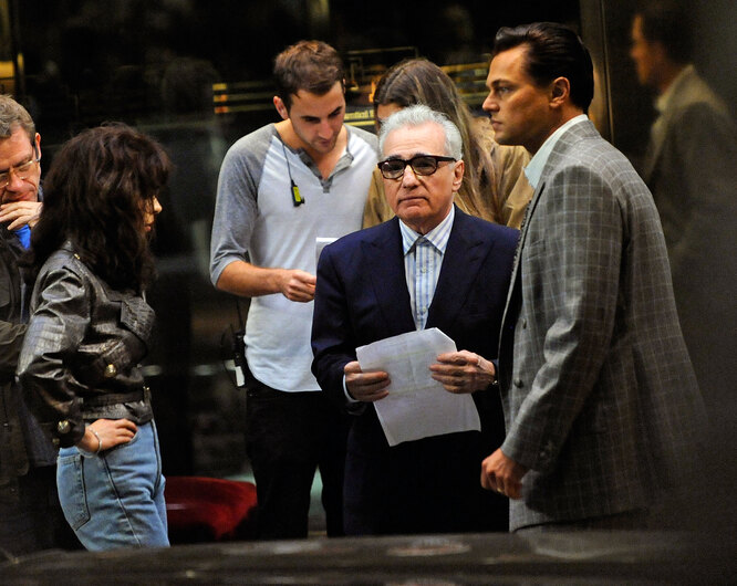 ДиКаприо и Мартин Скорсезе на съемках «Волка с Уолл-стрит» в Нью-Йорке, 2012 год.
