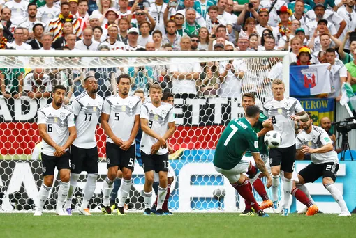 Еще одно яркое событие чемпионата — победа Мексики над действующими чемпионами мира, сборной Германии. Триумф мексиканцев обеспечил гол Ирвина Лосано на 36-й минуте матча. На фото: Мигель Лайюн пробивает штрафной