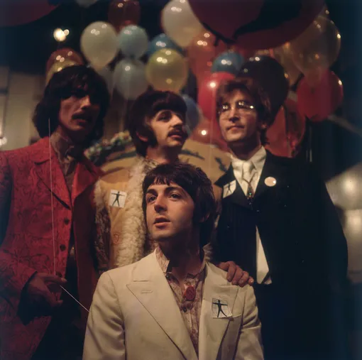 The Beatles, one of the most famous groups in the history of pop music; from left to right, George Harrison (1943 — 2001), Ringo Starr, John Lennon (1940 — 1980), and in front, Paul McCartney, at the EMI studios in Abbey Road, as they prepare for 'Our World', a world-wide live television show broadcasting to 24 countries with a potential audience of 400 million.