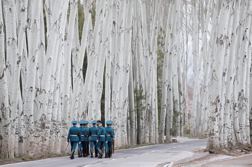 Киргизские гвардейцы после приветственной церемонии в Бишкеке. 28 марта страну с официальным визитом посетил президент РФ Владимир Путин.