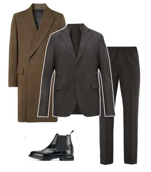 Пиджак Acne Studios, €530; брюки Acne Studios, €234; пальто The Row, €3740; челси Church's, 35421 рублей