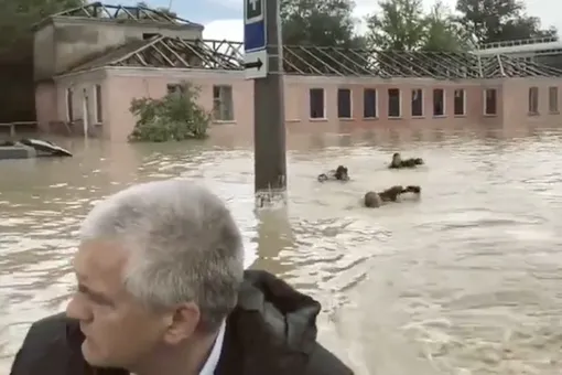 Трое человек плыли кролем за лодкой Сергея Аксенова, который осматривал затопленную Керчь. Пресс-секретарь главы Крыма не знает, кто эти люди