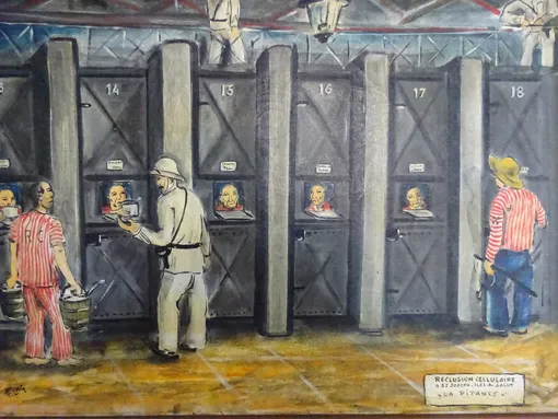Карикатура ссыльного фальшивомонетчика Франсиса Лагранжа («Флаг»), изображающая пожизненное заключение в карцере на острове Иосифа