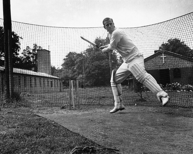 Philip Mountbatten, prior to his marriage to Princess Elizabeth, batting at the nets during cricket practice while in the Royal Navy, July 31st 1947.
