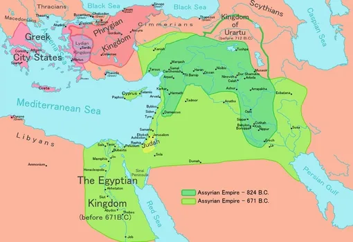 Границы ассирийской империи в 824 и 671 гг до н.э.