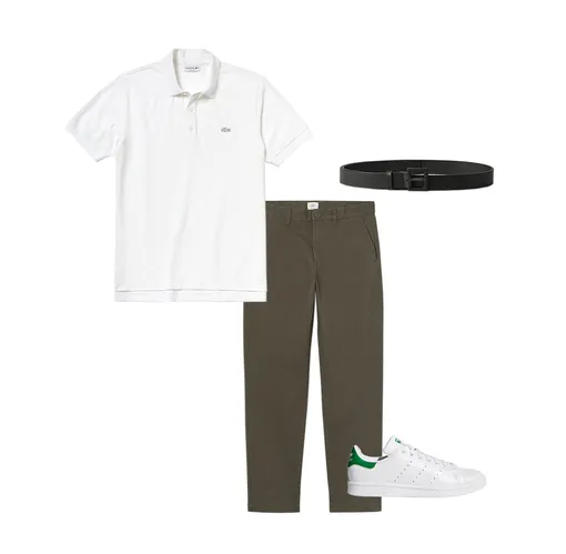 Поло Lacoste, 3790 руб. ; брюки H&M, 1899 руб.; ремень COS, $49; кроссовки adidas Stan Smith, 7999 руб.