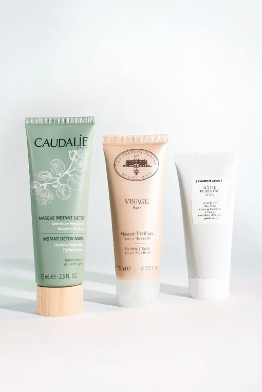 Маска для экспресс-ухода за кожей Instant Detox Mask, Caudalie; грязевая маска с водорослями и фукусом Purifying Mask Fucus & Hamamelis, Les Thermes Marins de Saint Malo; матирующая маска с глиной Active Pureness Clay Mask, Comfort Zone