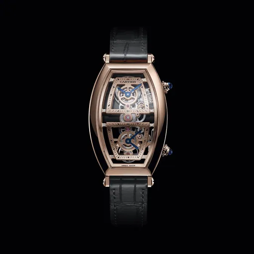 Часы Cartier Tonneau, циферблат из розового золота, ремешок из кожи аллигатора, два часовых пояса