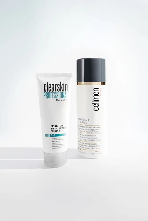 Очищающий крем, скраб и маска с белой глиной 3 в 1 Clearskin Professional, Avon; антистресс- и детокс-маска с ценными глинами и натуральными экстрактами Rare Mask, Cellmen 
