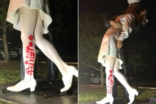 На скульптуре, созданной по фото «Поцелуй на Таймс-сквер», вандалы написали #MeToo