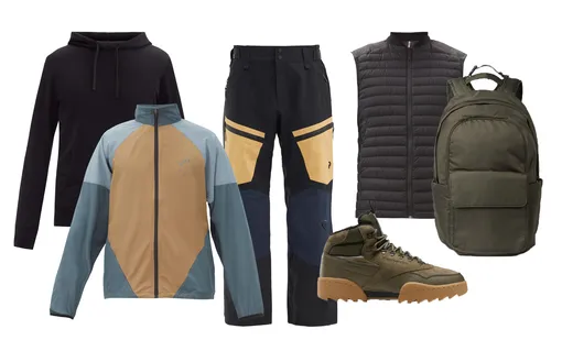 Куртка 7 Days Active, €100; жилет Veilance, €366; толстовка Reigning Champ, €153; штаны Peak Performance, €357; ботинки Reebok, 9 999 руб.; рюкзак NN07, $265