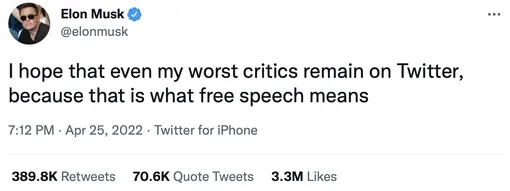 «Надеюсь, что даже мои самые ярые критики останутся в Twitter, ведь именно это и означает свободу слова»