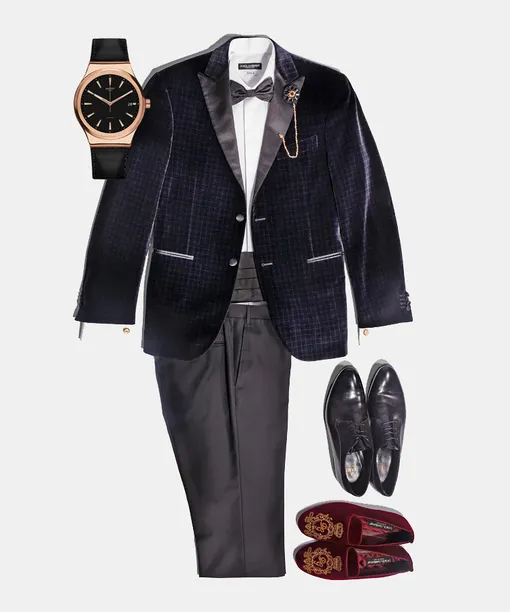 Часы Swatch Sistem Rosee; рубашка Dolce & Gabbana; бабочка Boss; брошь Dolce & Gabbana; смокинг Corneliani; камербанд Boss; запонки Dolce & Gabbana; ботинки Fabi; брюки Corneliani; слиперы Dolce & Gabbana
