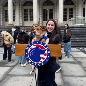 Пес по кличке Саймон вступил в должность собачьего мэра Нью-Йорка. На церемонии инаугурации он был одет в зимнее пальто и галстук