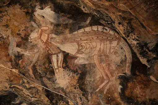 Картина кенгуру среди других наскальных рисунковна крыше пещеры.