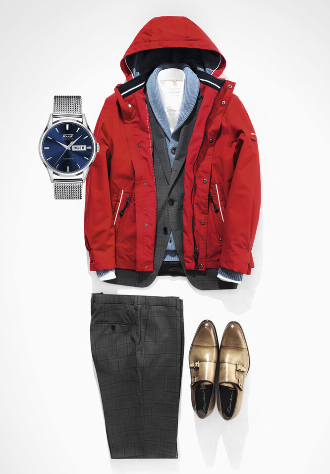 Куртка Henderson, рубашка Henderson, кардиган Brooks Brothers, часы Tissot Heritage Visodate Automatic, костюм Boss, монки Santoni