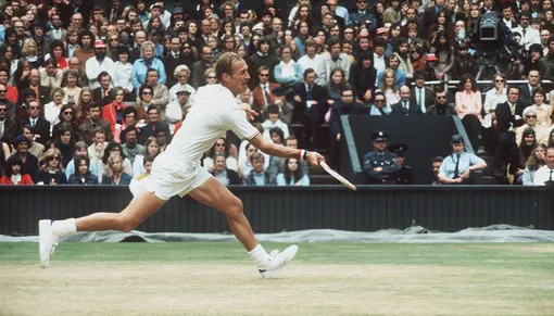 1972: Wimbledon Men's Singles'' Final. Stan Smith seen ction during the final in which he beat Roumania's Ille Nastase. Mandatory Credit: