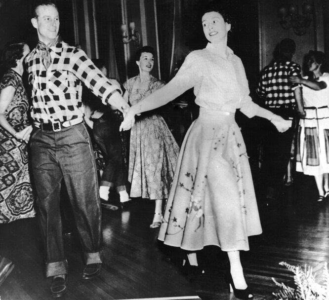 The Duke of Edinburgh dances with his wife, Princess Elizabeth, at a square dance held in their honour in Ottawa, by Governor General Viscount Alexander, 17th October 1951. The dance was one of the events arranged during their Canadian tour. (Photo by Keystone/Hulton Archive/Getty Images)