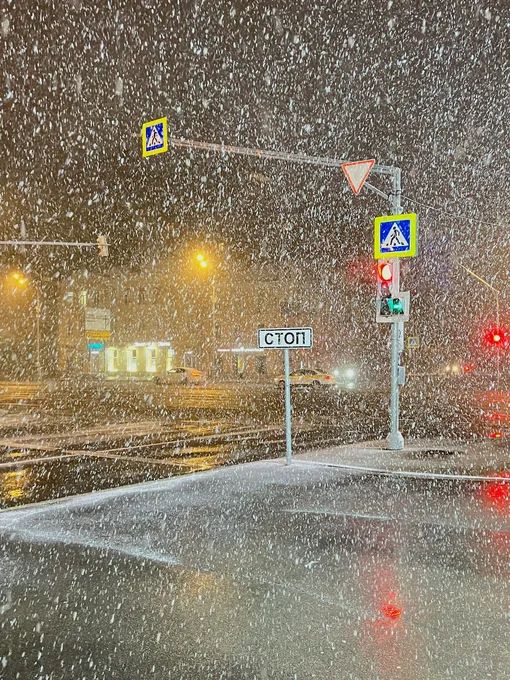 Снегопад в центре Москвы в ночь на 9 мая